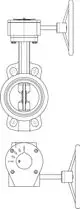 Zeichnung einer Absperrklappe mit Getriebe von IMI Hydronic Engineering, Ansicht von vorne und oben, zeigt das Gehäuse und die Bedienungselemente.